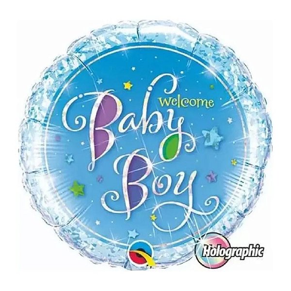 Balão de Festa Microfoil 9" 22cm - Redondo Welcome Baby Boy! Estrelas - 1 unidade - Qualatex Outlet - Rizzo