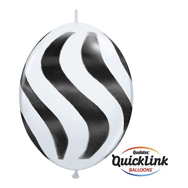 Balão de Festa Látex Liso Q-Link - Branco Listras Onduladas Pretas - 12" 30cm - 50 unidades - Qualatex Outlet - Rizzo