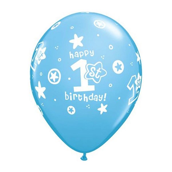 Balão de Festa Látex Liso Decorado - Happy 1st Birthday! Azul Claro - 11" 27cm - 6 unidades - Qualatex Outlet - Rizzo