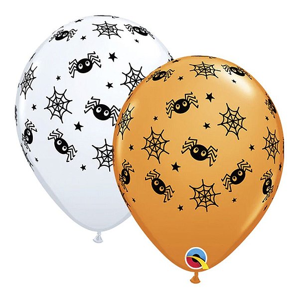 Balão de Festa Látex Liso Decorado - Aranhas e Teias Branco/Laranja - 11" 27cm - 50 unidades - Qualatex Outlet - Rizzo