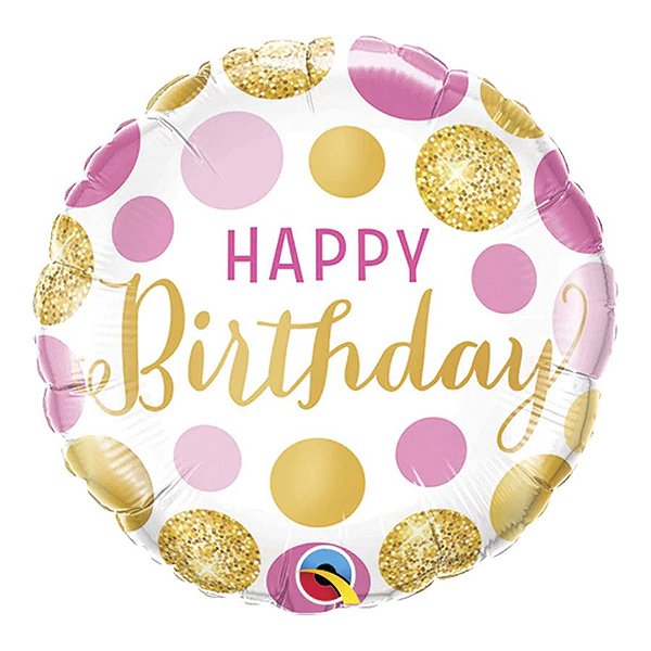 Balão de Festa Microfoil 4" 10cm - Redondo Happy Birthday! Bolinhas Rosa - 1 unidade - Qualatex Outlet - Rizzo
