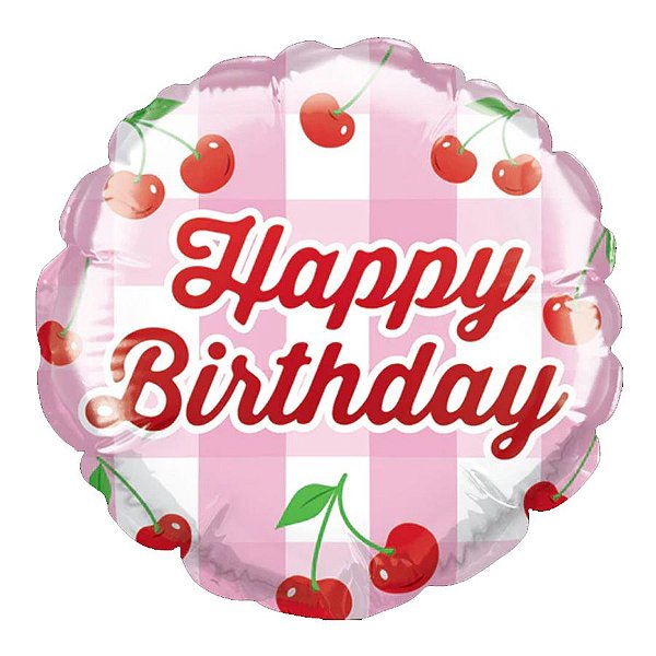 Balão de Festa Microfoil 4" 10cm - Redondo Happy Birthday! Cerejas - 1 unidade - Qualatex Outlet - Rizzo