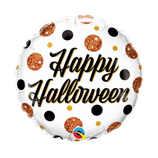 Balão de Festa Microfoil 18" 45cm - Redondo Happy Halloween! Pontos Brilhantes - 1 unidade - Qualatex Outlet - Rizzo
