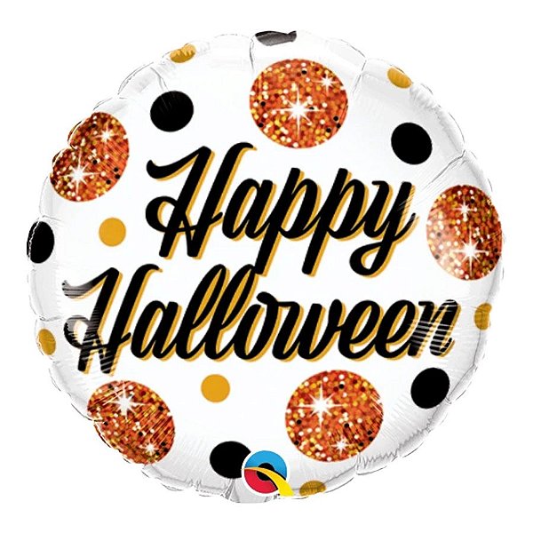 Balão de Festa Microfoil 9" 22cm - Redondo Happy Halloween! Pontos Brilhantes - 1 unidade - Qualatex Outlet - Rizzo