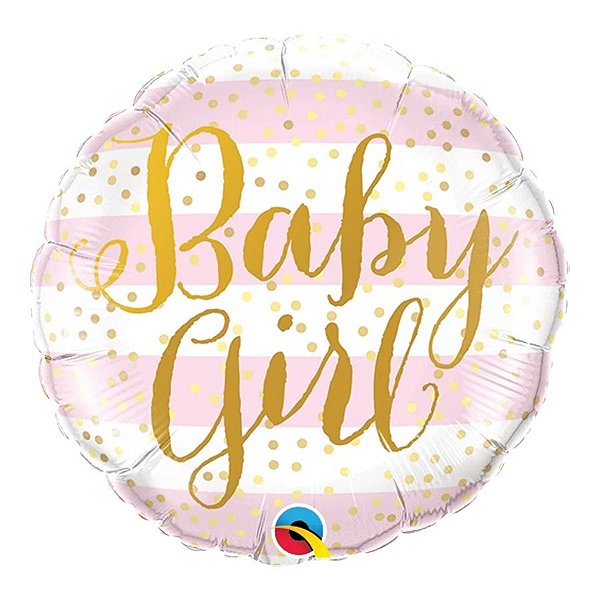 Balão de Festa Microfoil 9" 22cm - Redondo Baby Girl! Listrado Rosa - 1 unidade - Qualatex Outlet - Rizzo