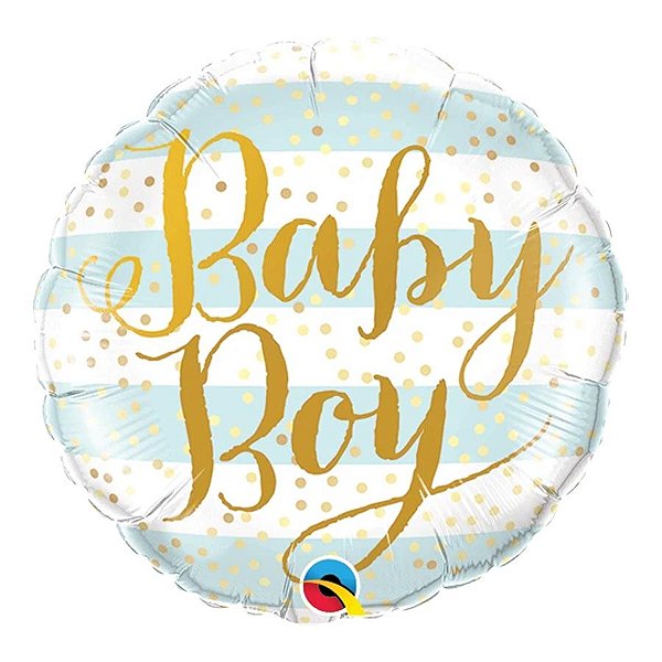 Balão de Festa Microfoil 9" 22cm - Redondo Baby Boy! Listrado Azul  - 1 unidade - Qualatex Outlet - Rizzo