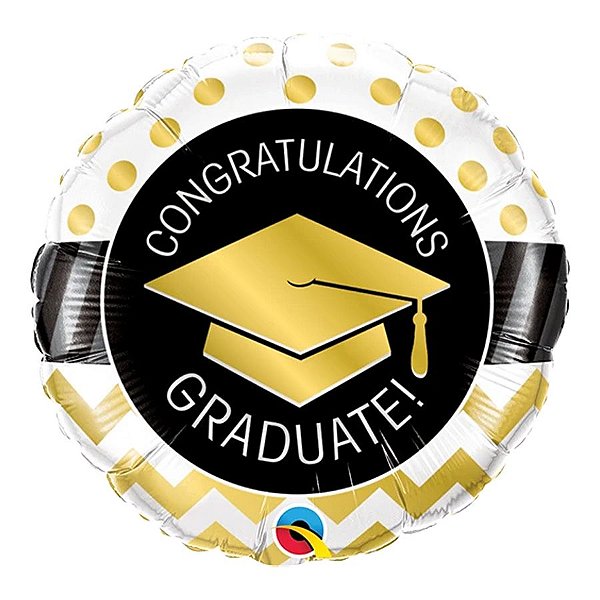 Balão de Festa Microfoil 9" 22cm - Redondo Congratulations Graduate! Ouro - 1 unidade - Qualatex Outlet - Rizzo