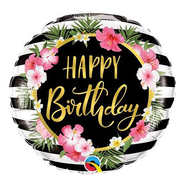 Balão de Festa Microfoil 18" 45cm - Redondo Happy Birthday! Listras e Hibiscos - 1 unidade - Qualatex Outlet - Rizzo