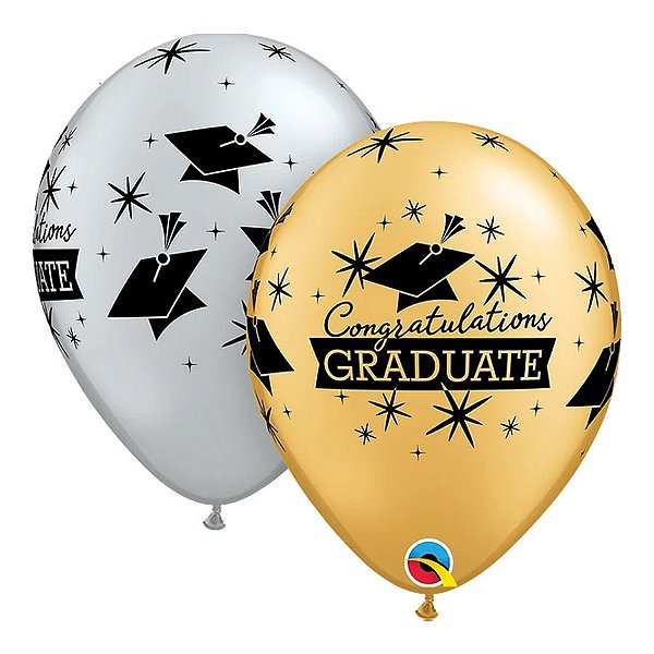 Balão de Festa Látex Liso Decorado - Congrats Graduate Prata/Ouro - 11" 27cm - 50 unidades - Qualatex Outlet - Rizzo