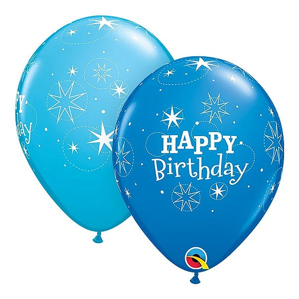 Balão de Festa Látex Liso Decorado - Happy Birthday! Azul - 11" 27cm - 50 unidades - Qualatex Outlet - Rizzo