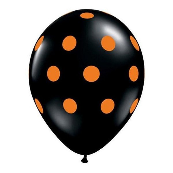 Balão de Festa Látex Liso Decorado - Pontos Polka Laranja/Preto - 11" 27cm - 50 unidades - Qualatex Outlet - Rizzo