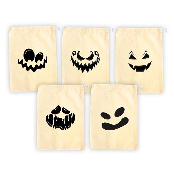 Kit Saco de Algodão Cru com Estampa Halloween - Caretas Assustadoras Mod.1 - 13x20cm - 5 unidades - Rizzo