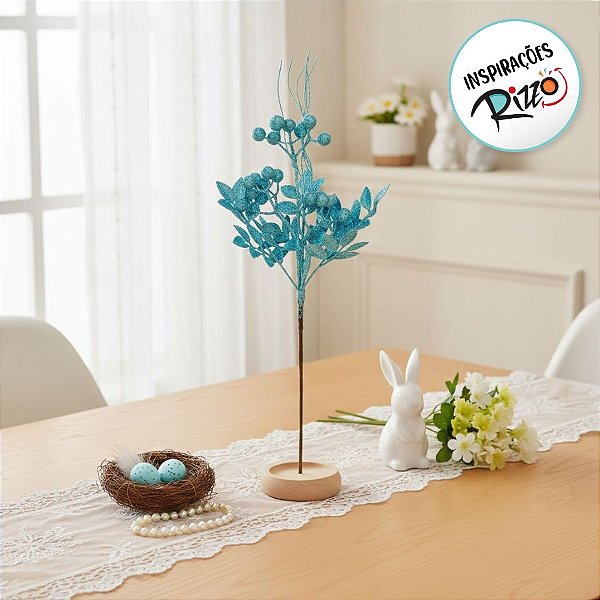 Galho Folhas e Frutas Glitter Azul - 52cm - 1 unidade - Cromus - Rizzo