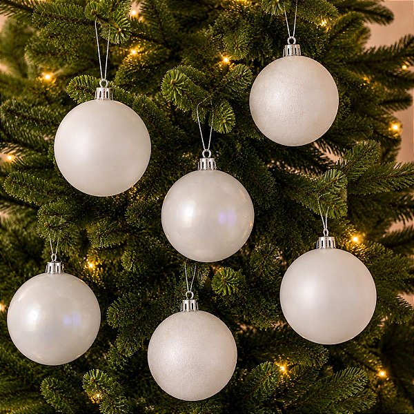 Bola de Natal em Tubo - Liso/Glitter/Nacarado Branco - 10cm - 6 unidades - Cromus - Rizzo