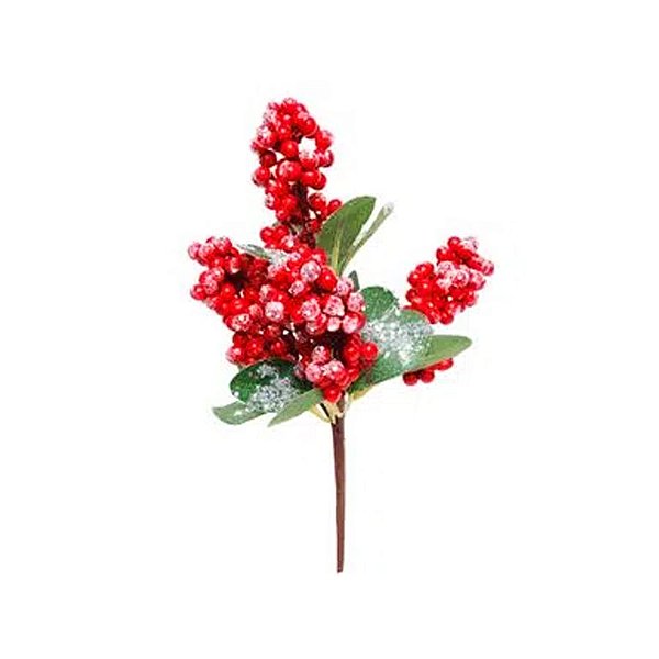 Galho Folhas e Frutas Nevado 30cm - Vermelho/Verde - 1 unidade - Cromus - Rizzo