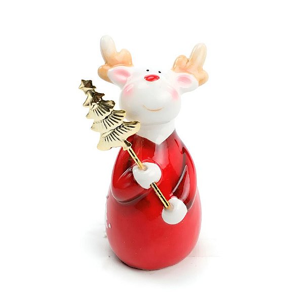 Rena Decorativa Com Pinheiro - Vermelho/Branco/Ouro - 12cm  - 1 unidade - Cromus - Rizzo