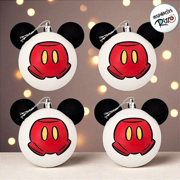 Bola de Natal Roupa Mickey - Branco/Preto/Vermelho - 8cm - 4 unidades - Disney Original - Rizzo