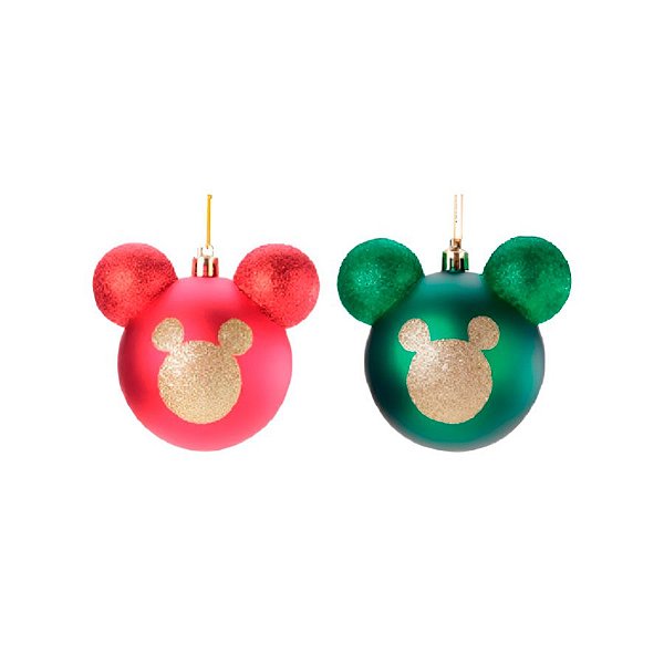 Bola de Natal Mickey com Glitter - Vermelho/Verde/Ouro - 10cm  - 2 unidades - Cromus - Rizzo
