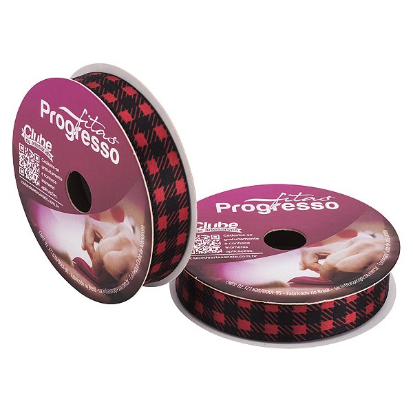Fita de Cetim ECF003TR 15mm - Cor 041 - Xadrez Vermelho e Preto - Rolo 10 metros  - 1 unidade - Progresso  - Rizzo