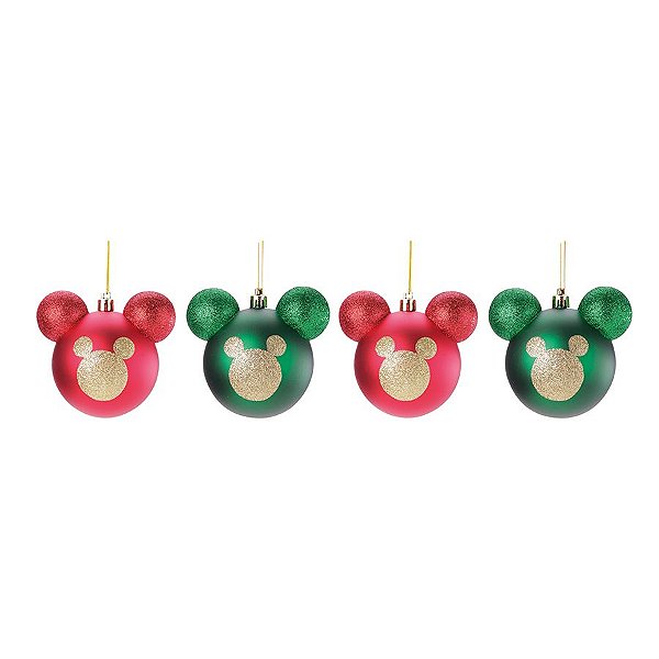 Bola de Natal Mickey Glitter Dourado - Verde/Vermelho - 8cm - 4 unidades - Cromus - Rizzo