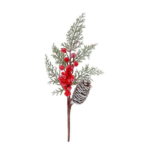 Galho Folhas, Frutas e Pinha Nevado - Verde/Vermelho/Branco - 37cm  - 1 unidade - Cromus - Rizzo