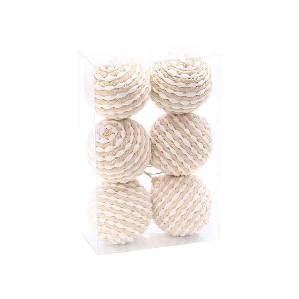 Bolas de Natal com Cordão - Branco/Cru - 8cm - 6 unidades - Cromus - Rizzo