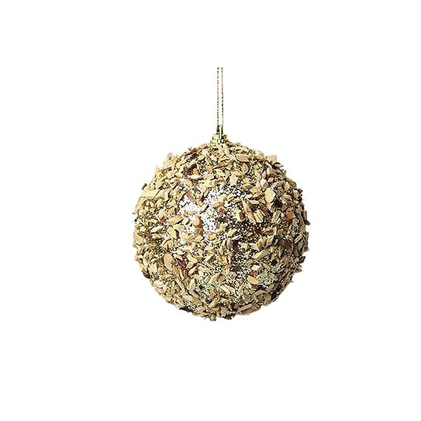 Bola de Natal Decorada - Dourada com madeira - 9cm  - 3 unidades - Rizzo