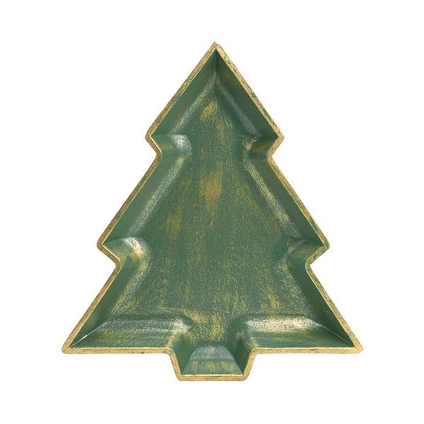 Prato Decorativo de Madeira - Pinheiro - Verde/Ouro - 30cm - 1 unidade - Cromus - Rizzo