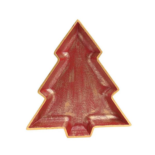 Prato Decorativo de Madeira - Pinheiro - Vermelho/Ouro - 30cm - 1 unidade - Cromus - Rizzo