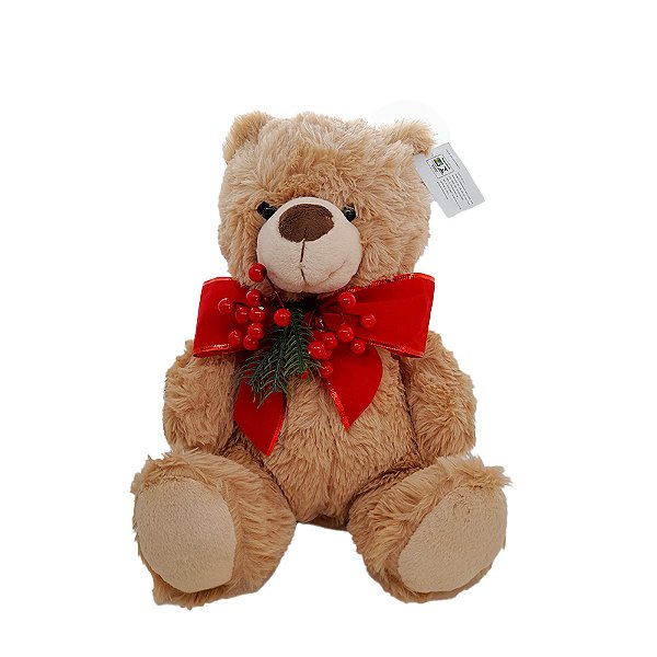 Urso de pelucia com laço de Natal - Bege, Vermelho - 36cm  - 1 unidade - Cromus  - Rizzo