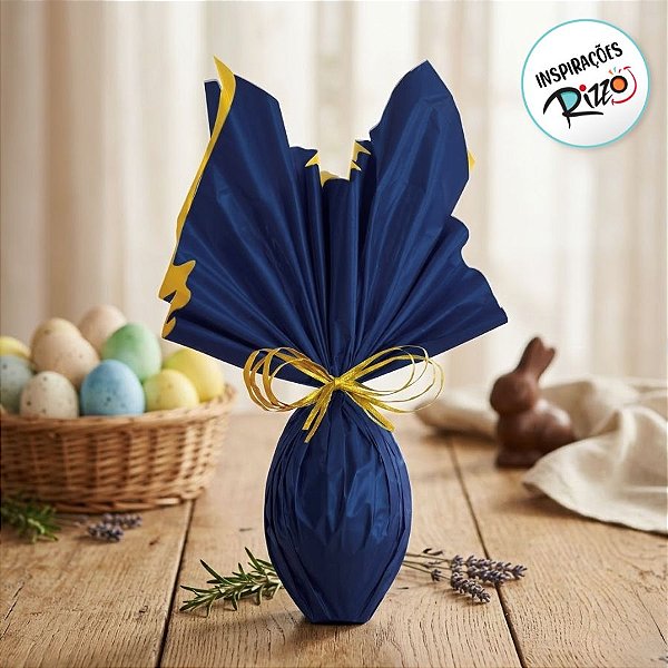 Folha para Ovos de Páscoa Double Face Acetinado Azul Marinho Ouro 69x89cm - 25 unidades - Cromus - Rizzo