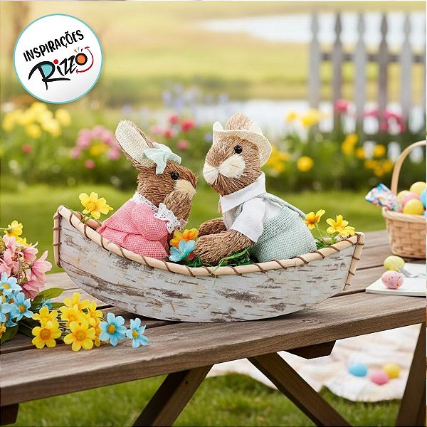 Casal Coelho em Banco Decorativo - 42cm - 1 unidade - Cromus - Rizzo