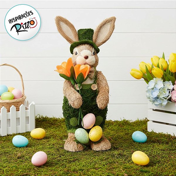 Coelho com Jardim Grama - Bege/Verde/Laranja - 50Cm - 1 unidade - Cromus - Rizzo