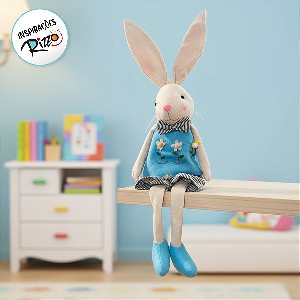 Coelho Decorativo Sentado - Branco/Azul - M - 1 unidade - Rizzo
