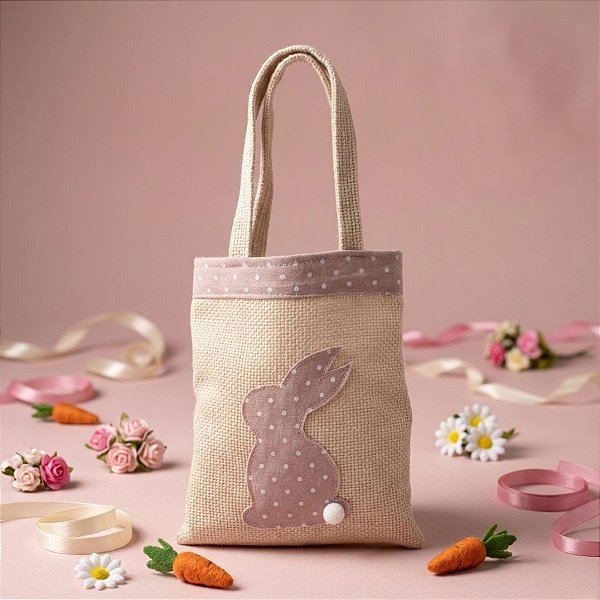 Bolsa de Tecido Silhueta de Coelho Pontilhada - Rosa - 20x18cm - 1 unidade - Cromus - Rizzo