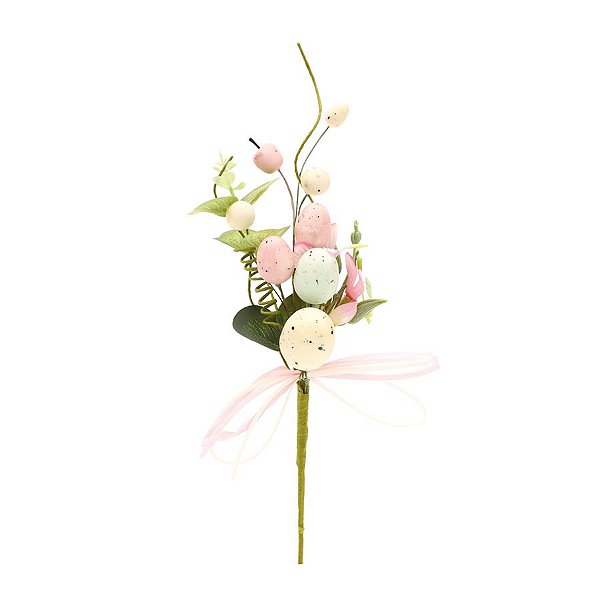 Galho Curto Decorativo Folhas com Ovos de Codorna e Laço - 20cm - 1 unidade - Cromus - Rizzo