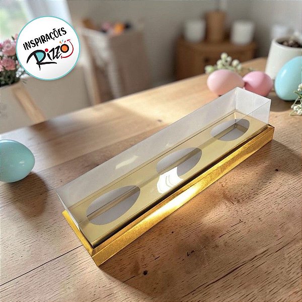 Caixa para 3 Meio Ovos de 50g a 80g em Linha com Moldura - 8x26,3x5cm - Ouro - 5 unidades - ASSK