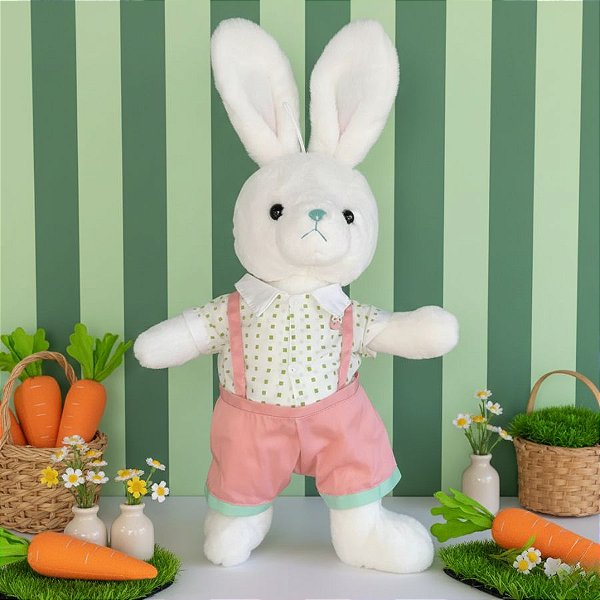 Coelho de Pelúcia com Camisa Pontilhada de Quadrados Verdes - 60cm - 1 unidade - Rizzo