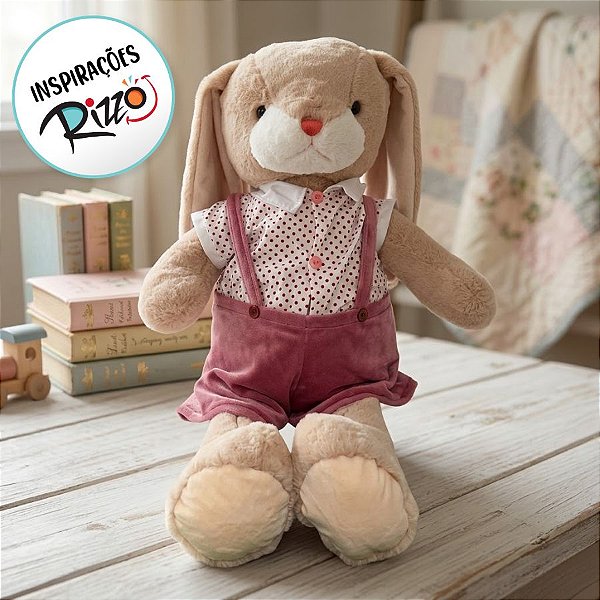Coelho de Pelúcia com Jardineira Rosa - 67cm - 1 unidade - Rizzo