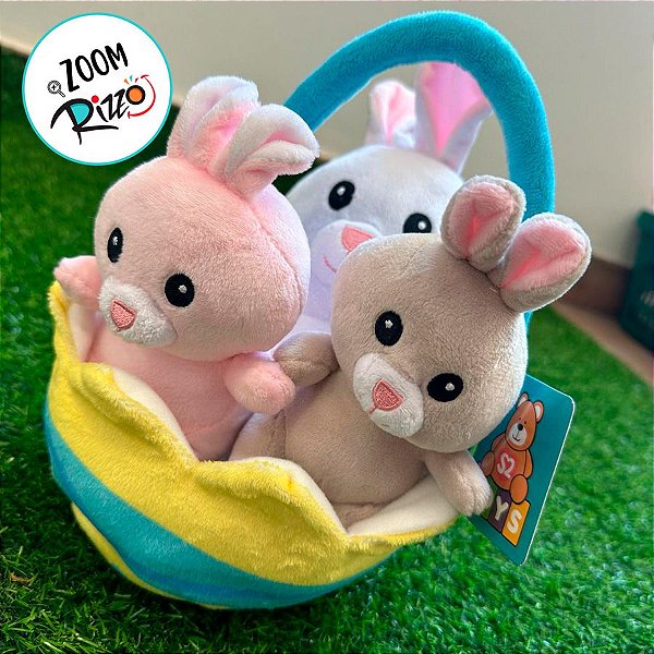 Cesta de Pelúcia com Coelhos - 25cm - 1 unidade - Rizzo