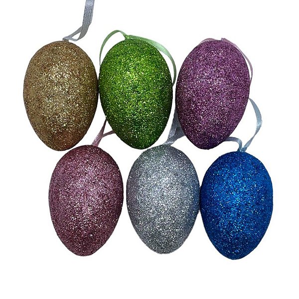 Ovinhos de Páscoa Coloridos com Glitter para Pendurar - 6cm - 6 unidades - Rizzo