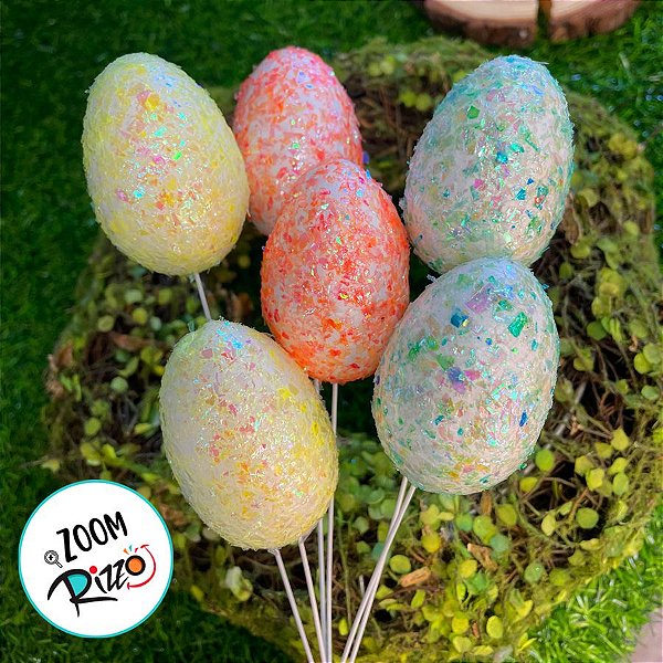 Pick Decorativo Ovos com Glitter Laranja, Verde e Amarelo de Páscoa - 21cm  - 6 unidades - Rizzo