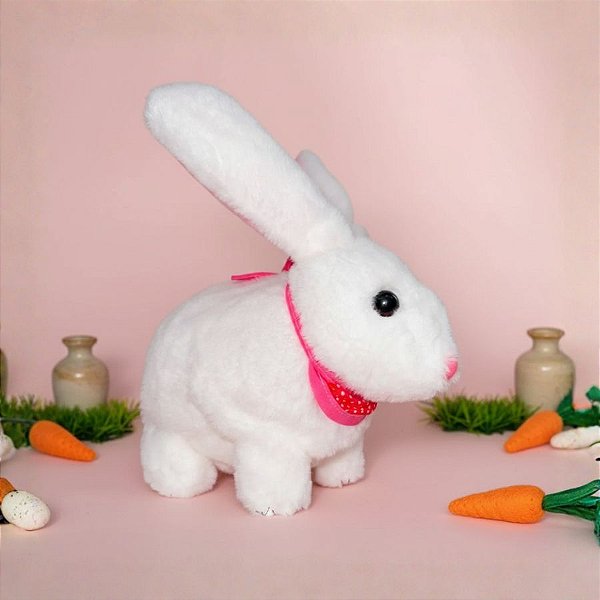 Coelho de Pelúcia Branco com Som em Movimento Bandana Rosa- 24cm - 1 unidade - Rizzo