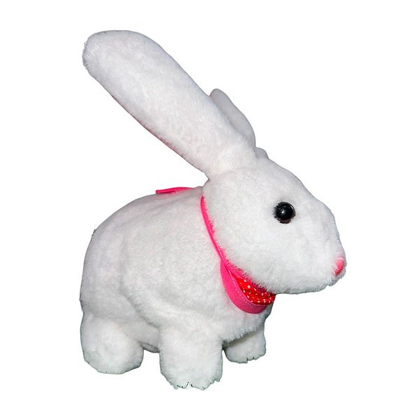 Coelho de Pelúcia Branco com Som em Movimento Bandana Rosa- 24cm - 1 unidade - Rizzo