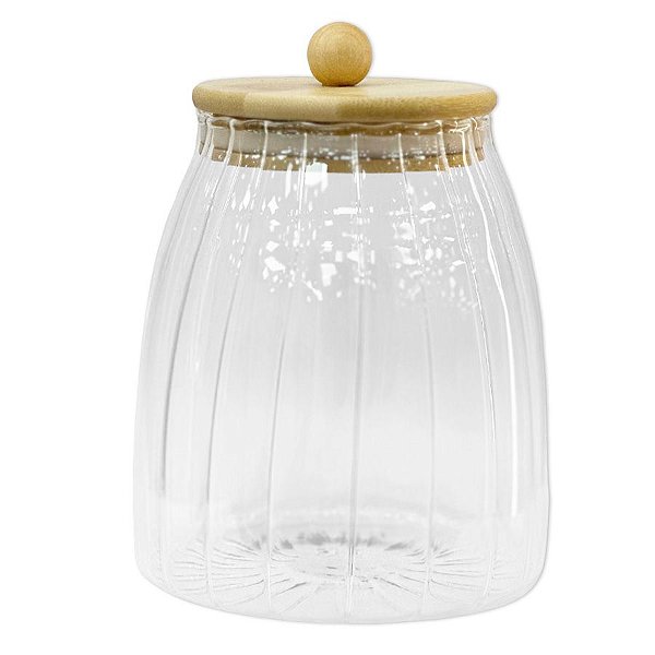 Pote de Vidro Bojudo Canelado Hermético com Tampa de Bambu - 12x11cm - 920ml - 1 unidade - Rizzo