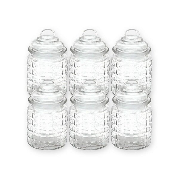 Kit 6 Potes de Vidro Quadriculado para Mantimento com Tampa - 280ml - Rizzo