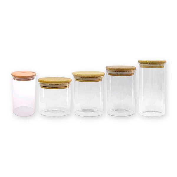 Kit 5 Potes de Vidro com Tampa de Bambu - Rizzo