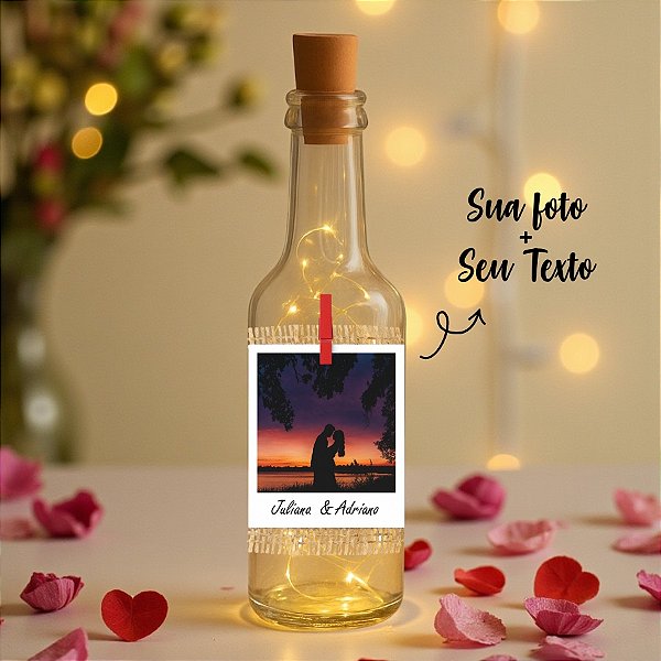 Garrafa de Vidro e Juta com Rolha LED - Foto Polaroid - 1 unidade - Rizzo Personalize