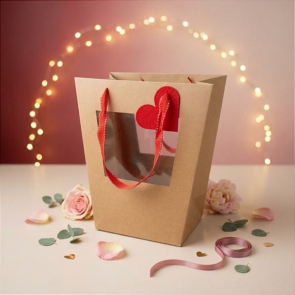 Sacola de Papel com visor duplo de PVC - Kraft com Alça Vermelha e Tag de Coração - 22x13x13 - 1 unidade - Rizzo