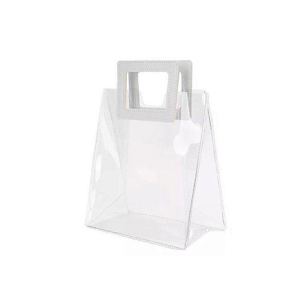 Sacola Transparente PVC com Alça Quadrada de Couro Branca - 15x15x10 - 1 unidade - Rizzo